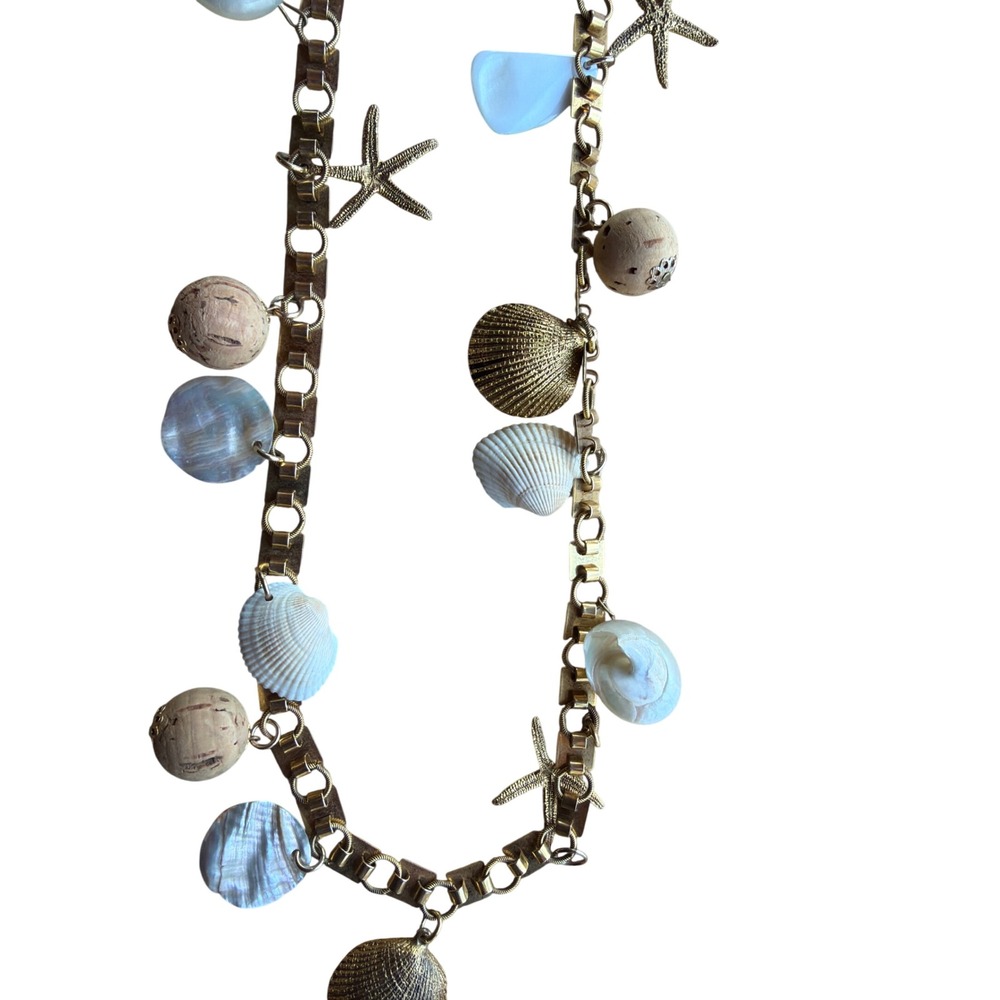 Vintage Gold Tone Nautical Charm Necklace Starfish Shell Cork Beads Coastal